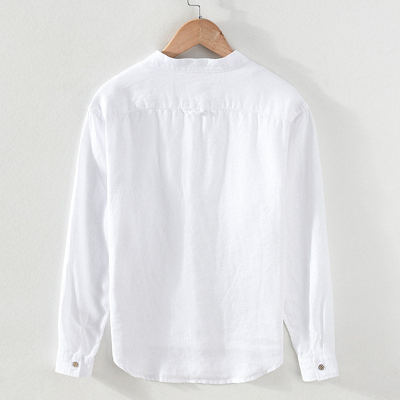 Stand Collar Pure Linen Long Sleeve Shirt